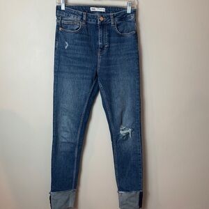Zara Blue Denim Cuff Distressed Marley Straight Raw Hem